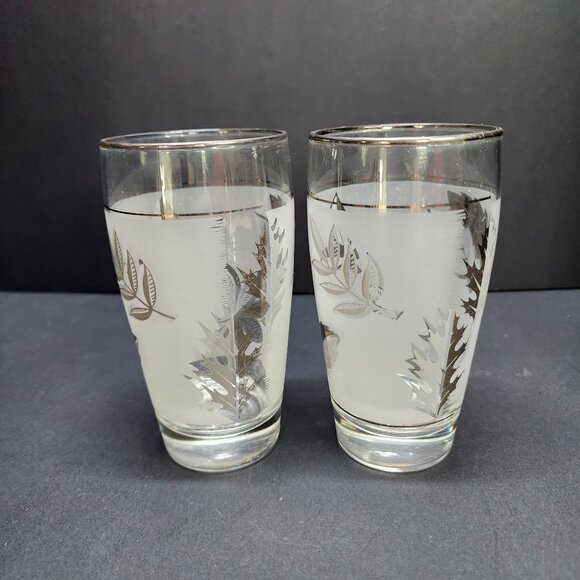 Vintage MCM Libbey Silver Frosted Leaf Tumbler Glasses 5.5'' Tall - Set Of 2 - Picture 4 of 9